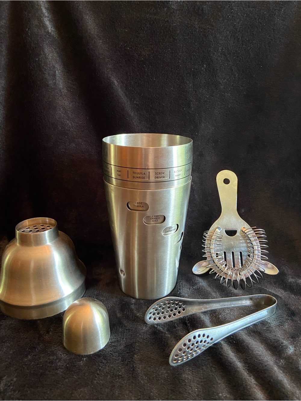 Royal Household 2006 Stainless Steel Cocktail Shaker, Strainer and Tongs